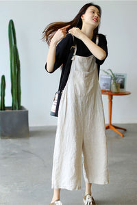 Casual Cropped Linen Jumpsuits in Natural Linen Color C2388