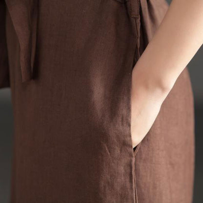 Deep V Neck Linen Jumpsuits in Coffee Color C2392