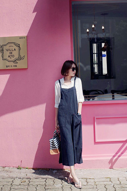 Blue Linen Wide Leg Jumpsuit - Casual, Comfortable Fit C2385