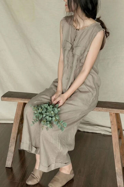 Round Neck Khaki Linen Jumpsuits C2396