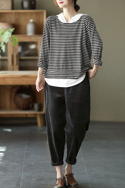 Black Elastic Waist Corduroy Pants C2439