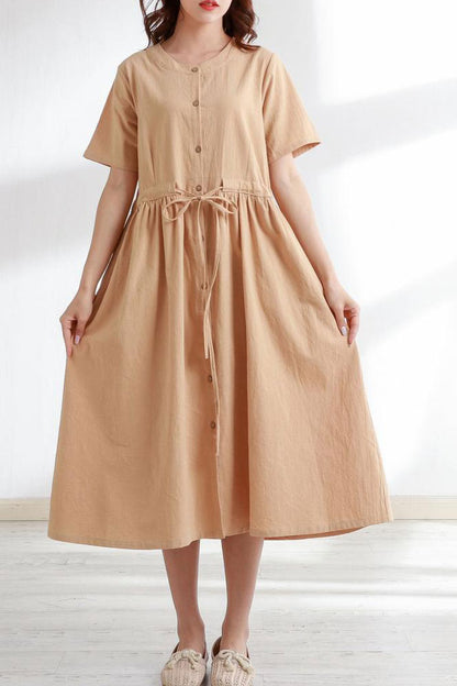 Casual linen shirt dress with drawstring waist