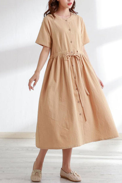 Casual linen shirt dress with drawstring waist