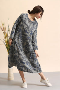 Print cotton linen maxi dress robe A015