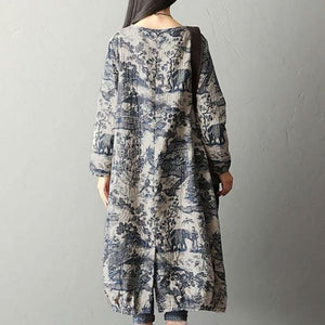 Print cotton linen maxi dress robe A015