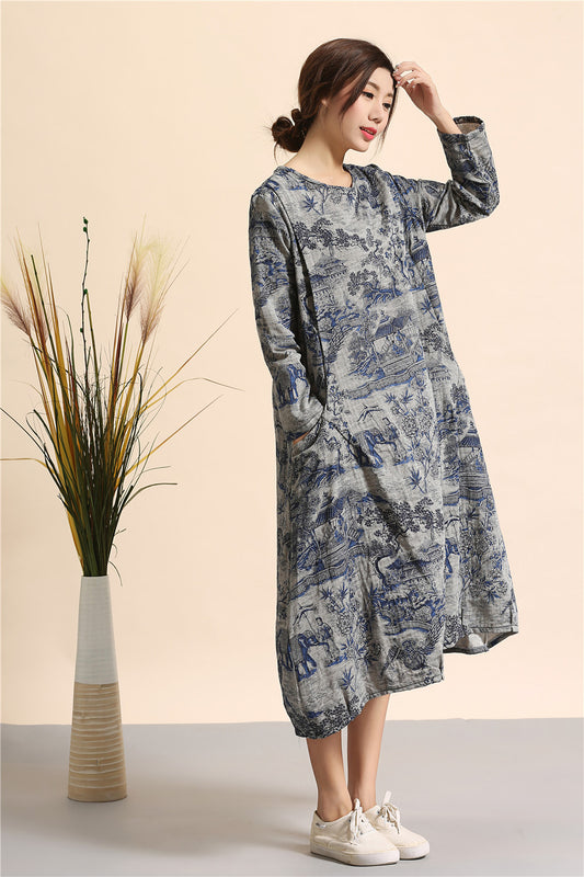 Print cotton linen maxi dress robe A015