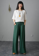 Load image into Gallery viewer, Green Elastic Waist Drawstring Wide Palazzo Linen Pants C1988
