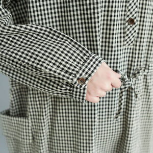 Plaid Midi Front Button Linen Shirt Dress with Pockets C211202