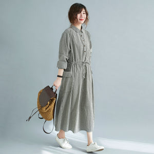 Plaid Midi Front Button Linen Shirt Dress with Pockets C211202