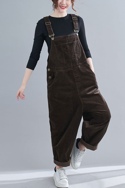 Retro Brown Corduroy Overalls Women C1830