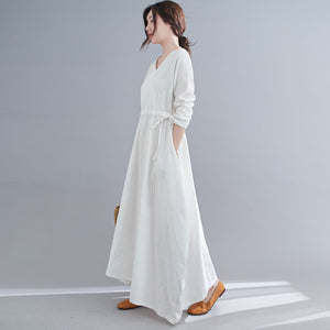Casual White Maxi Linen Dresses C1836