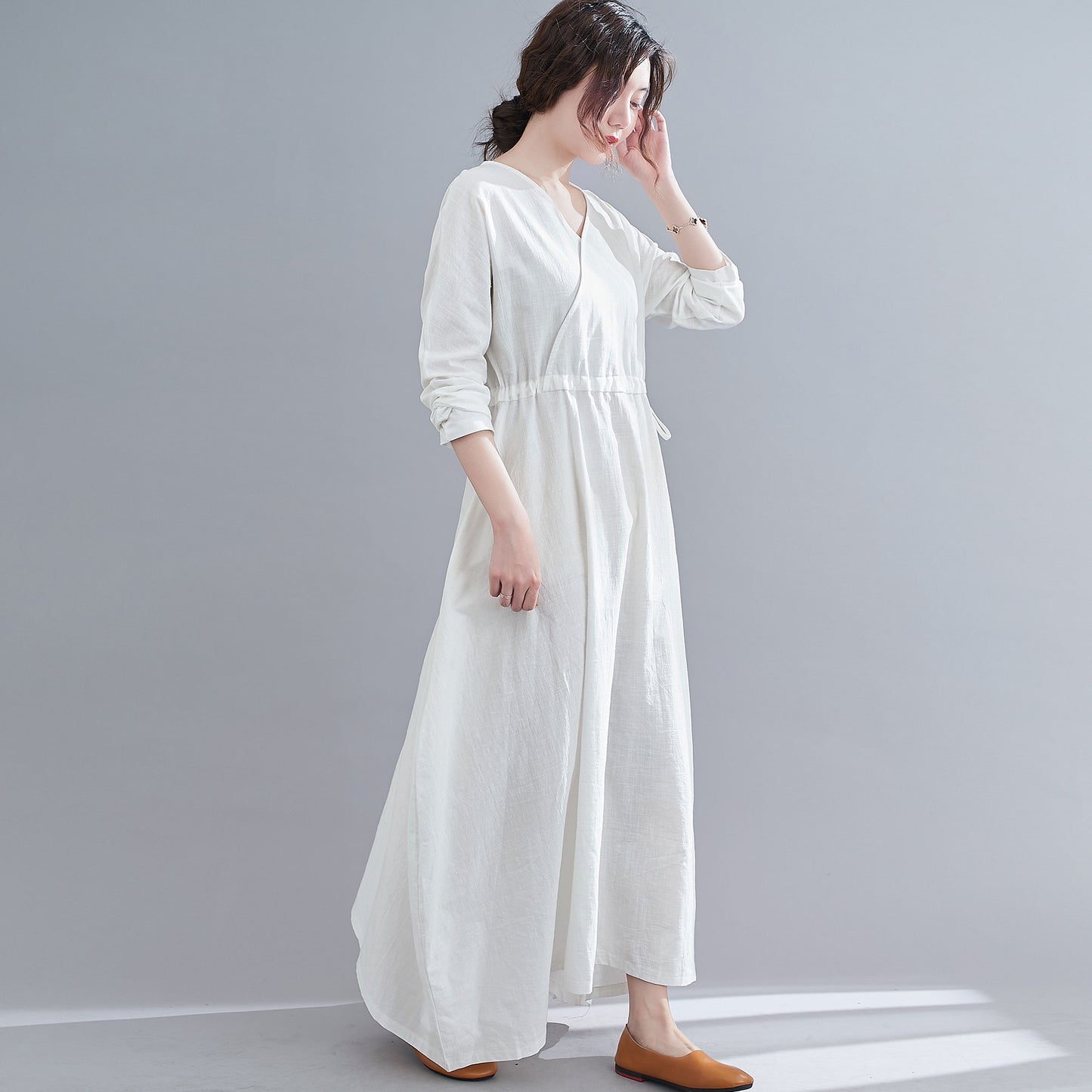 Casual White Maxi Linen Dresses C1836