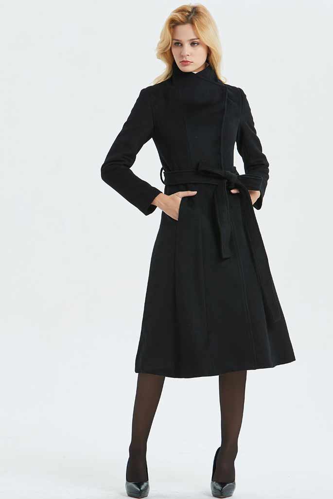 Women Black long Wool Coat C1344#