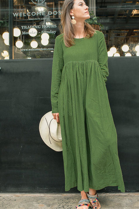 Long sleeve high waist maxi linen dress C1383