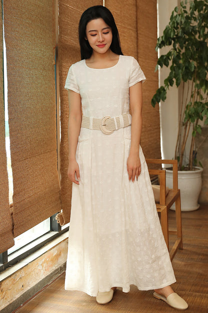 Linen White Women's Cusual Dresses For Summer With Short Sleeves C1518