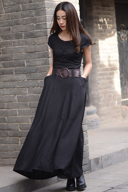 Black long linen dress in pure color for women with pockets C1568