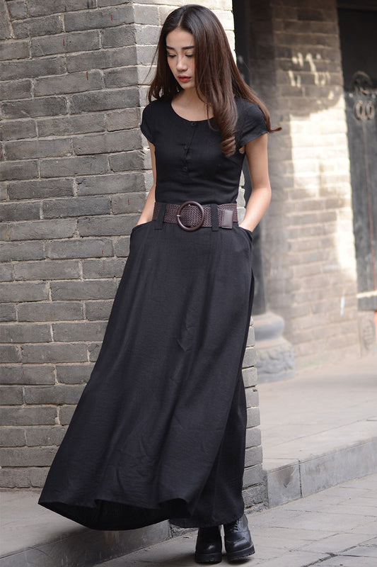 Black long linen dress in pure color for women with pockets C1568