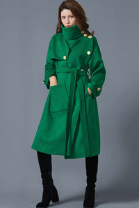 Green wool winter coat coat with pockets C1615#