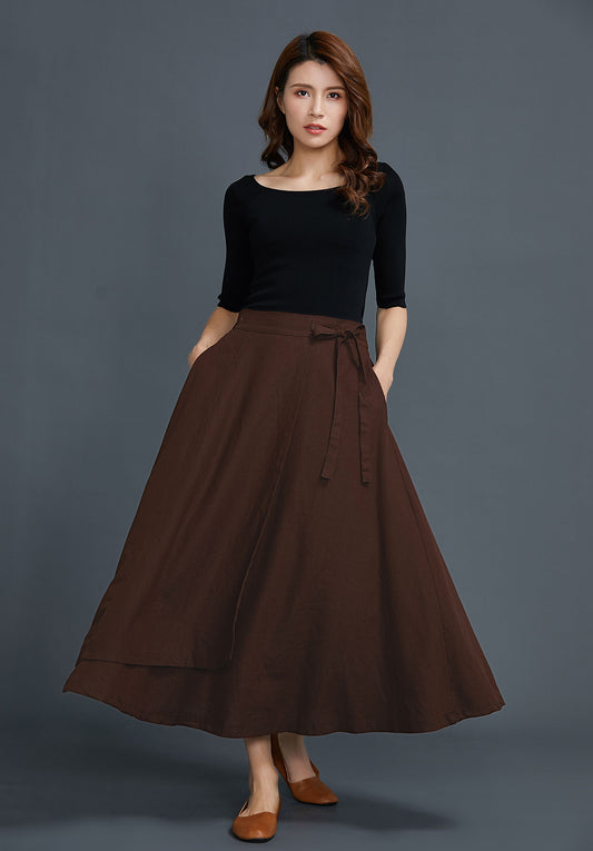 Brown Linen Cotton Wrap Maxi Skirt - A-Line with Side Bow C1651