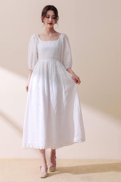 White wedding linen party dress C2891