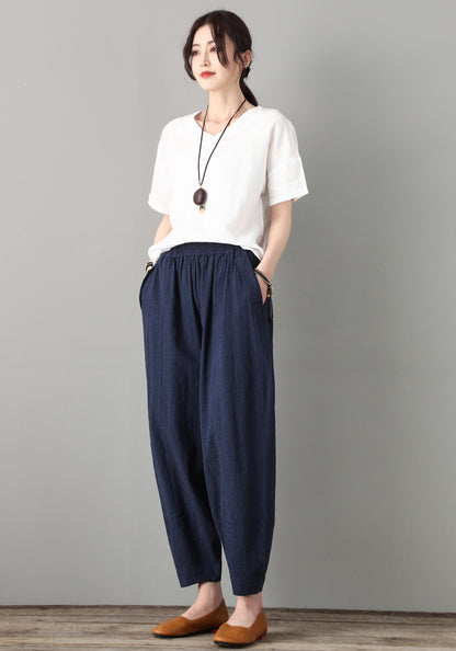 Blue Casual Leisure Linen Pants C180601