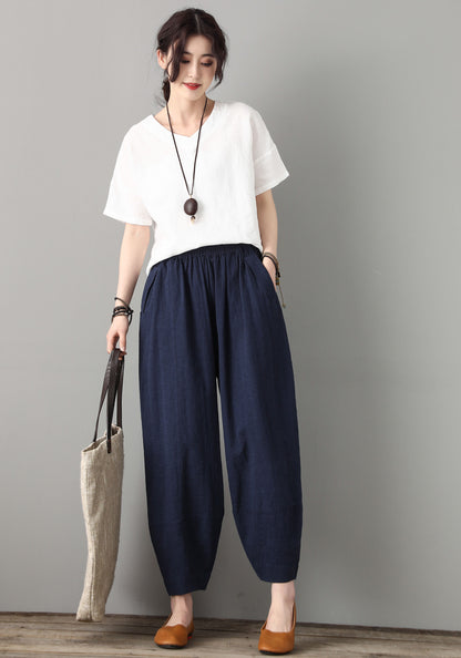 Blue Casual Leisure Linen Pants C180601