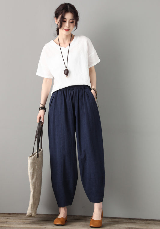 Blue Cotton Linen Pants - Elastic Waist, Relaxed Fit C1806