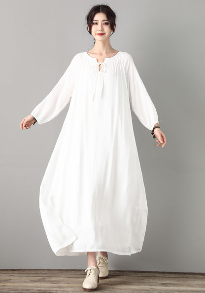 Loose Maxi Maternity White Cotton Linen Dress C1809