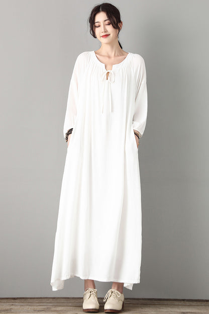 Loose Maxi Maternity White Cotton Linen Dress C1809