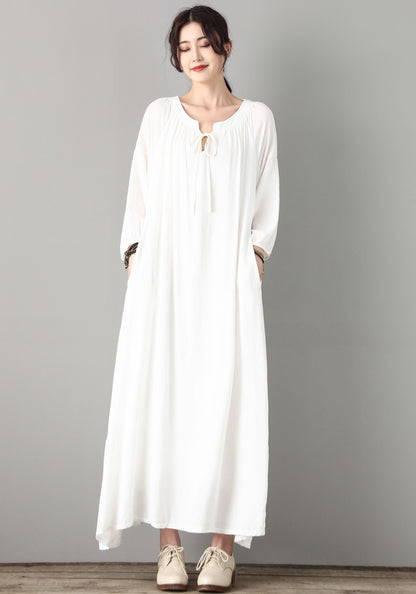 Loose Maxi Maternity White Cotton Linen Dress C1809