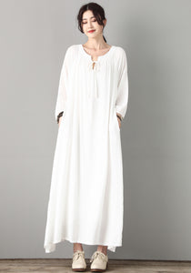 Loose Maxi Maternity White Cotton Linen Dress C1809