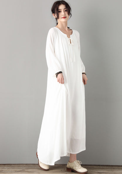 Loose Maxi Maternity White Cotton Linen Dress C1809