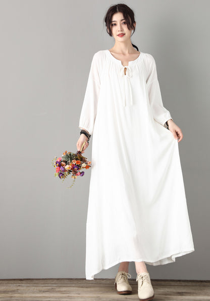 Loose Maxi Maternity White Cotton Linen Dress C1809