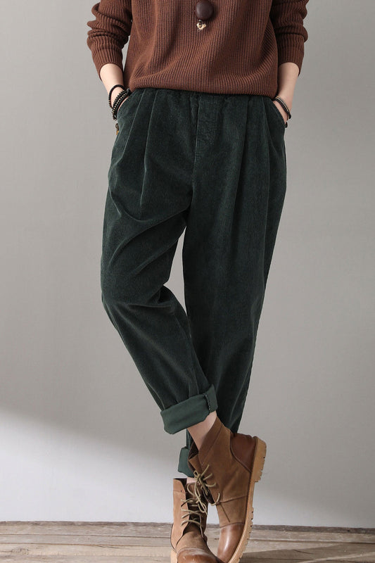 Women Elastic Waist Corduroy Pants C1814