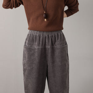 Gray Casual Elastic Waist Corduroy Pants C181501