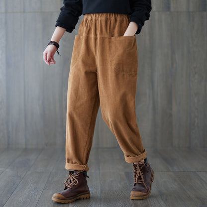 Brown Casual Elastic Waist Corduroy Pants C181801