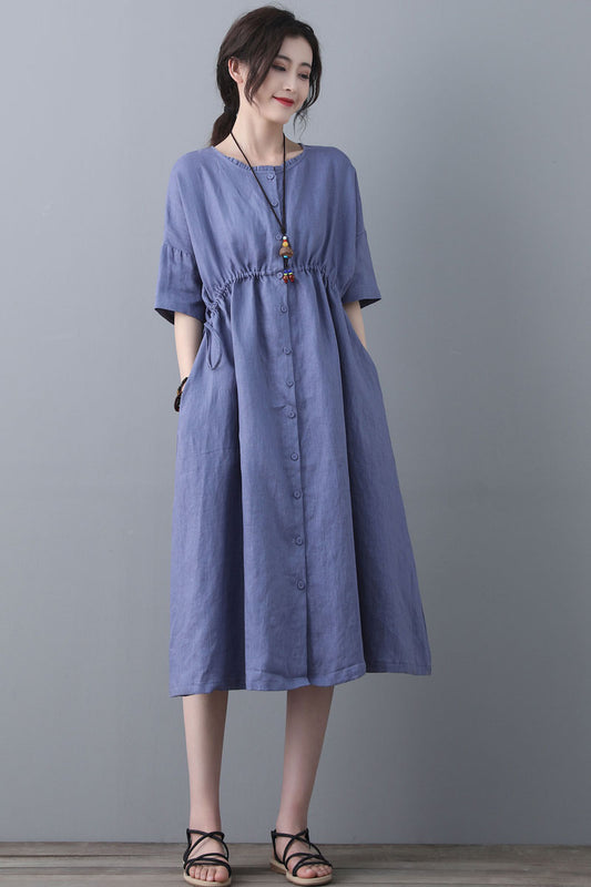 Summer Swing Blue Linen Casual Shirt Dress C1840