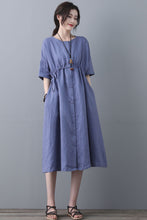 Load image into Gallery viewer, Summer Swing Blue Linen Casual Shirt Dress C1840
