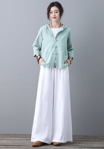 White Elastc Waist High Wasit Linen Pants C186502