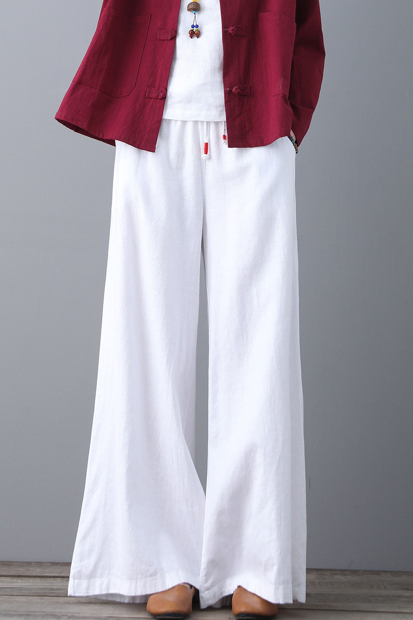 White Elastc Waist High Wasit Linen Pants C186502