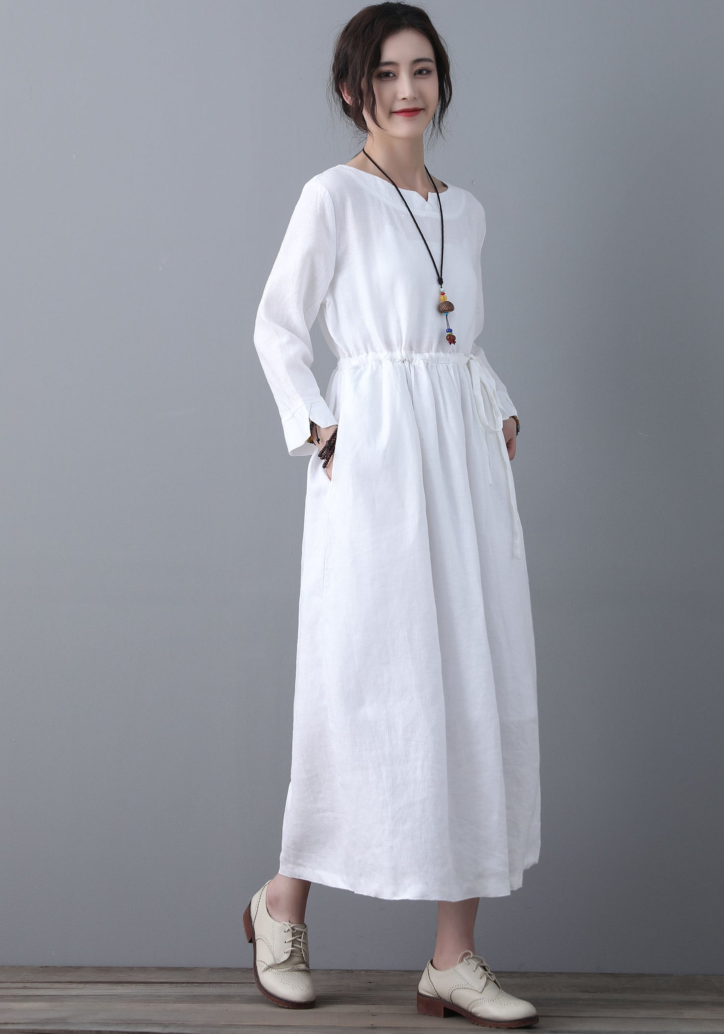 Loose Fit Classic White Linen Dress C1861
