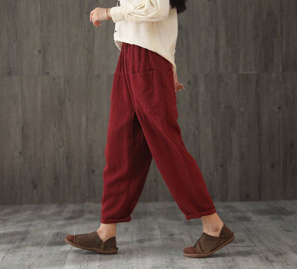 Women Elastic Waist Cropped Linen Pants C1866