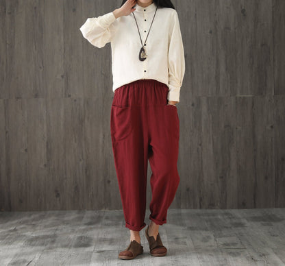 Women Elastic Waist Cropped Linen Pants C1866