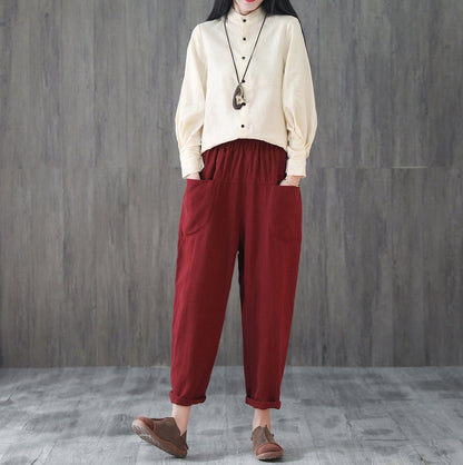 Women Elastic Waist Cropped Linen Pants C1866