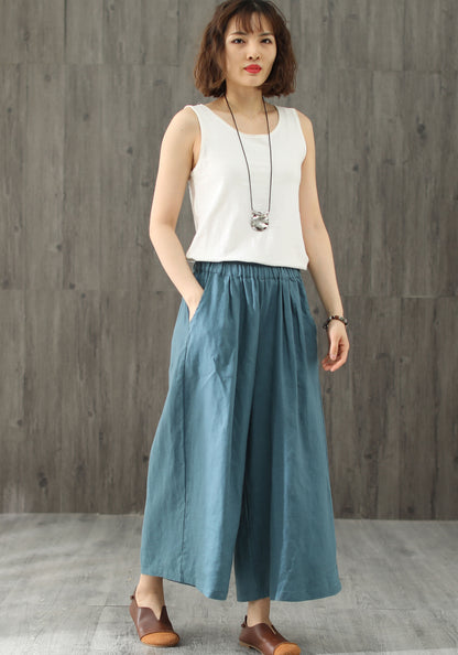 Blue Crop Wide Leg Elastic Waist Linen Pants C1948
