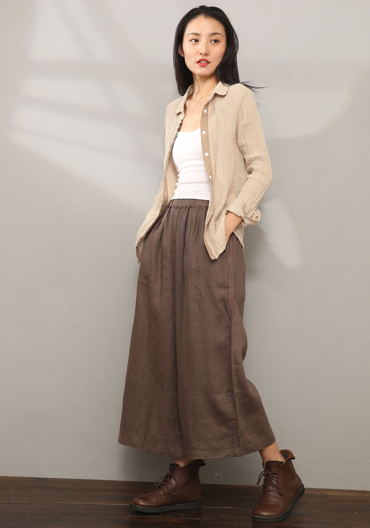 Brown Palazzo Linen Pants C196601