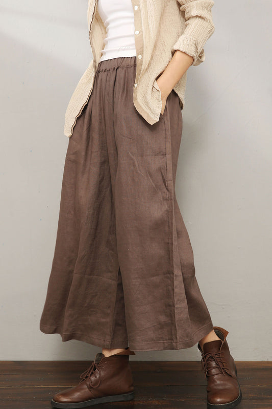 Brown Palazzo Linen Pants C196601