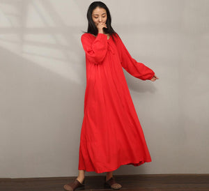 Red Loose Maxi Cotton Linen Dress C1979