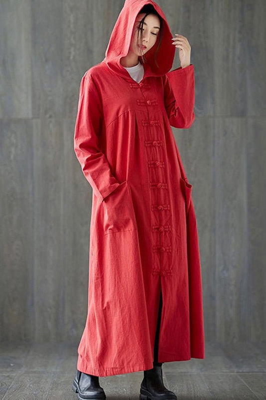 Casual Hoodie Maxi Linen Trench Coat C1985