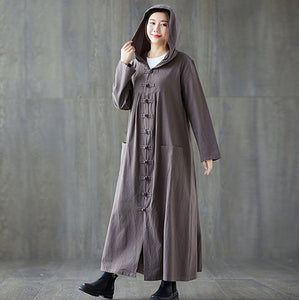 Casual Hoodie Maxi Linen Trench Coat C1985